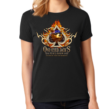 Load image into Gallery viewer, Ladies One Eyed Jack&#39;s Saloon Spade Flame T-Shirt