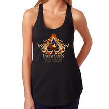 Load image into Gallery viewer, Ladies One Eyed Jack&#39;s Saloon Spade Flame Racerback Tank Top