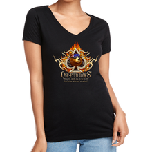 Load image into Gallery viewer, Ladies One Eyed Jack&#39;s Saloon Spade Flame V-Neck T-Shirt