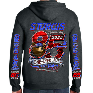 SPECIAL EDITION 2025 Sturgis Motorcycle Rally One Eyed Jack's Saloon Big 85th Zip-up Hoodie