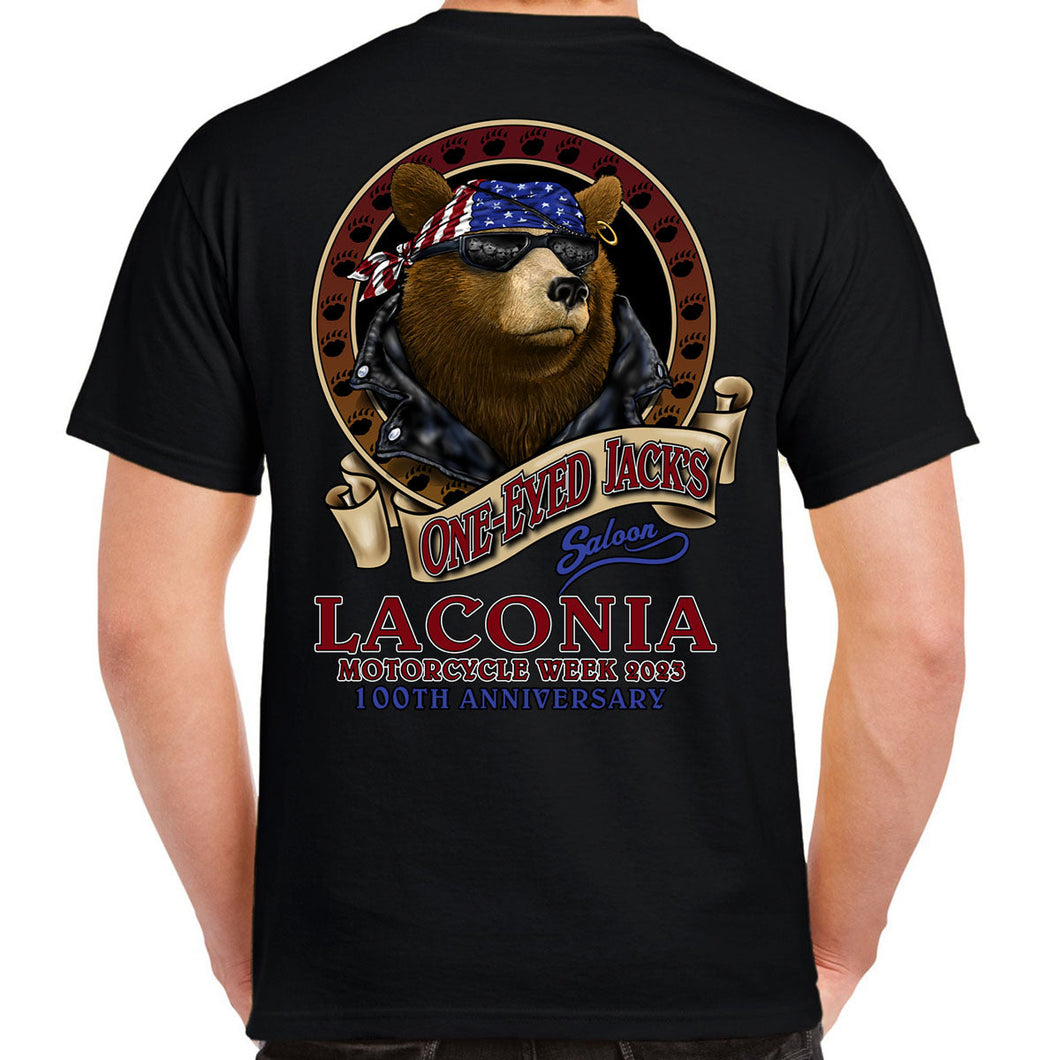 SPECIAL EDITION 2023 Laconia Motorcycle Week One Eyed Jack's Saloon Cool Bear T-Shirt
