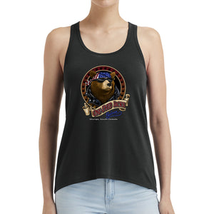 Ladies One Eyed Jack's Saloon Front Printed Cool Bear Hi-Lo Racerback Tank Top