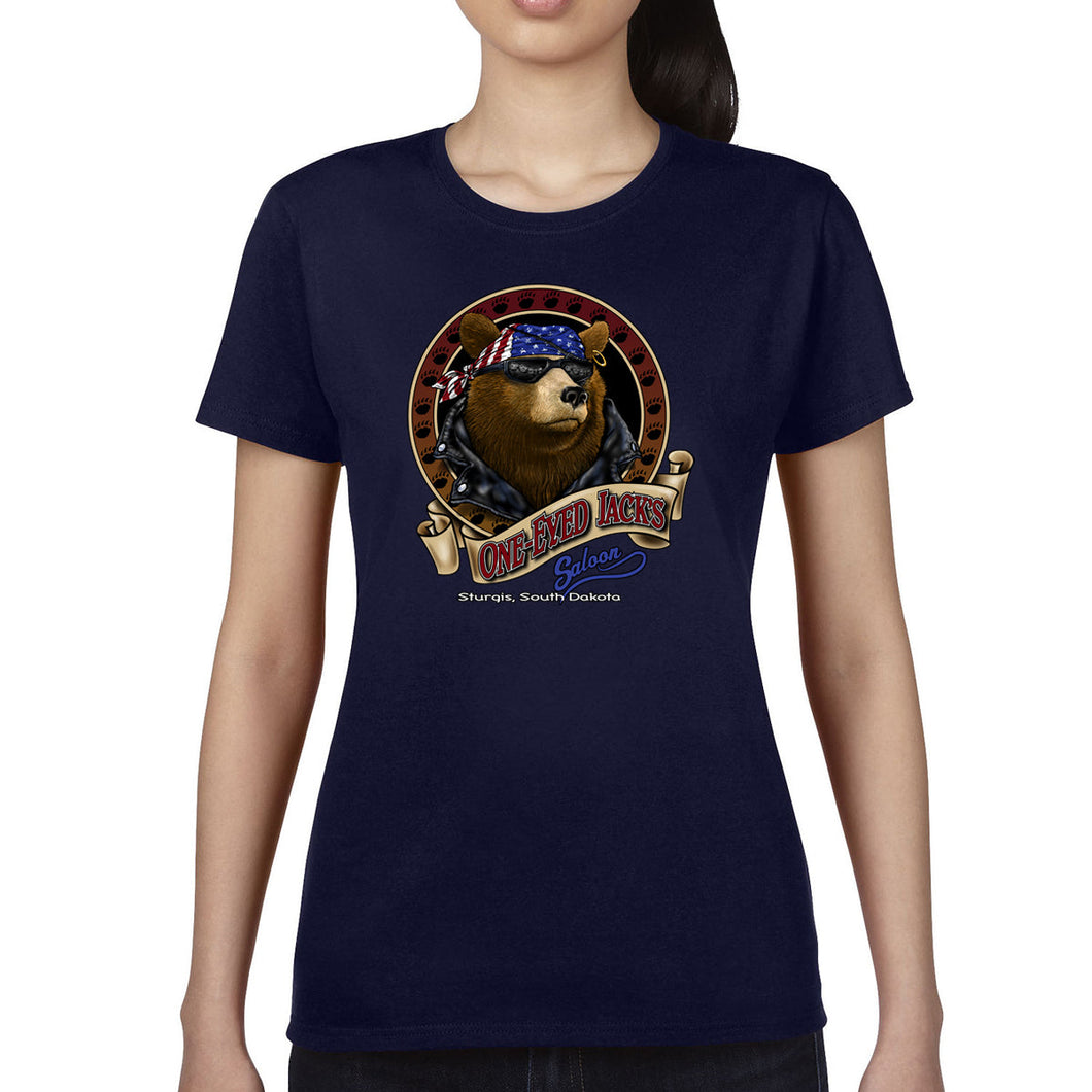 Ladies One Eyed Jack's Saloon Front Printed Cool Bear T-Shirt
